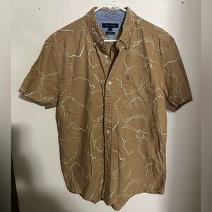 TOMMY HILFIGER Regular Fit Linen Blend Floral Button Down Shirt Tan Men's Size L